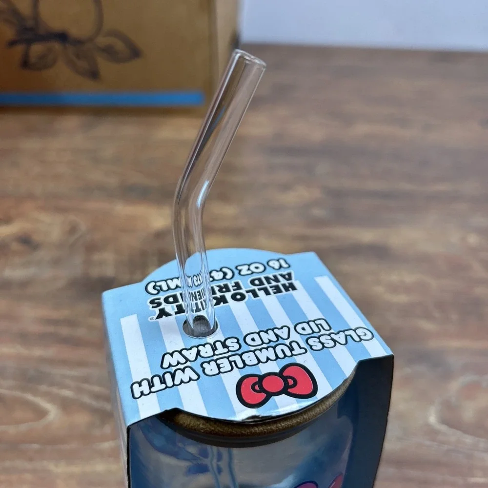 Sanrio Hello Kitty & Friends Glass Tumbler Lid‎ Straw Blue Glass Bamboo Lid 2024